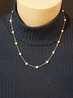 Vintage JCM Signed 10K Solid Yellow Gold Pearl Station Tin Cup Necklace 18"